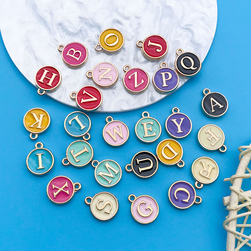 Cross-border hot mixed 10 color oil drop double-sided English letter pendant creative diy bracelet key chain jewelry accessories