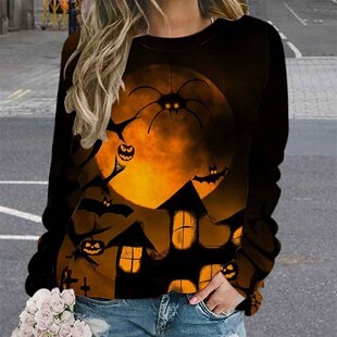 Autumn New Halloween party sweater pumpkin digital printing cross-border European and American that is round neck sweater factory wholesale