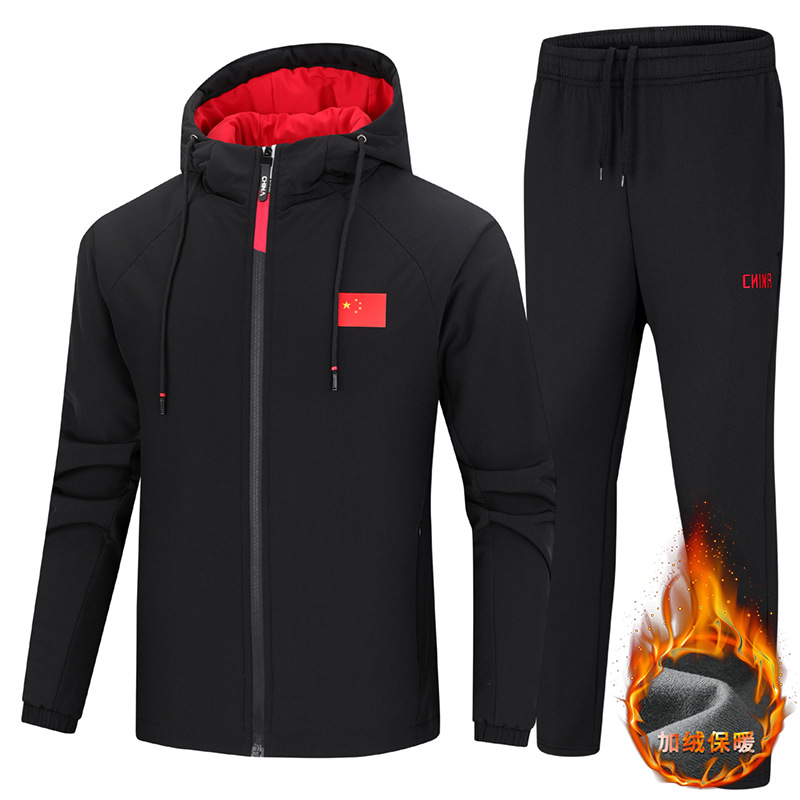 New autumn and winter sports cotton-padded coat hooded suit fleece-lined thickened men's sports training running fitness coach team wear