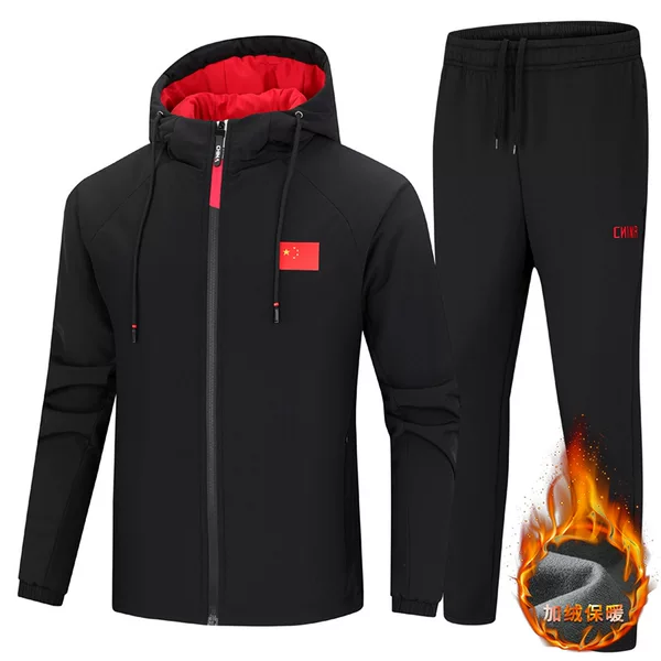 New autumn and winter sports cotton-padded coat hooded suit fleece-lined thickened men's sports training running fitness coach team wear