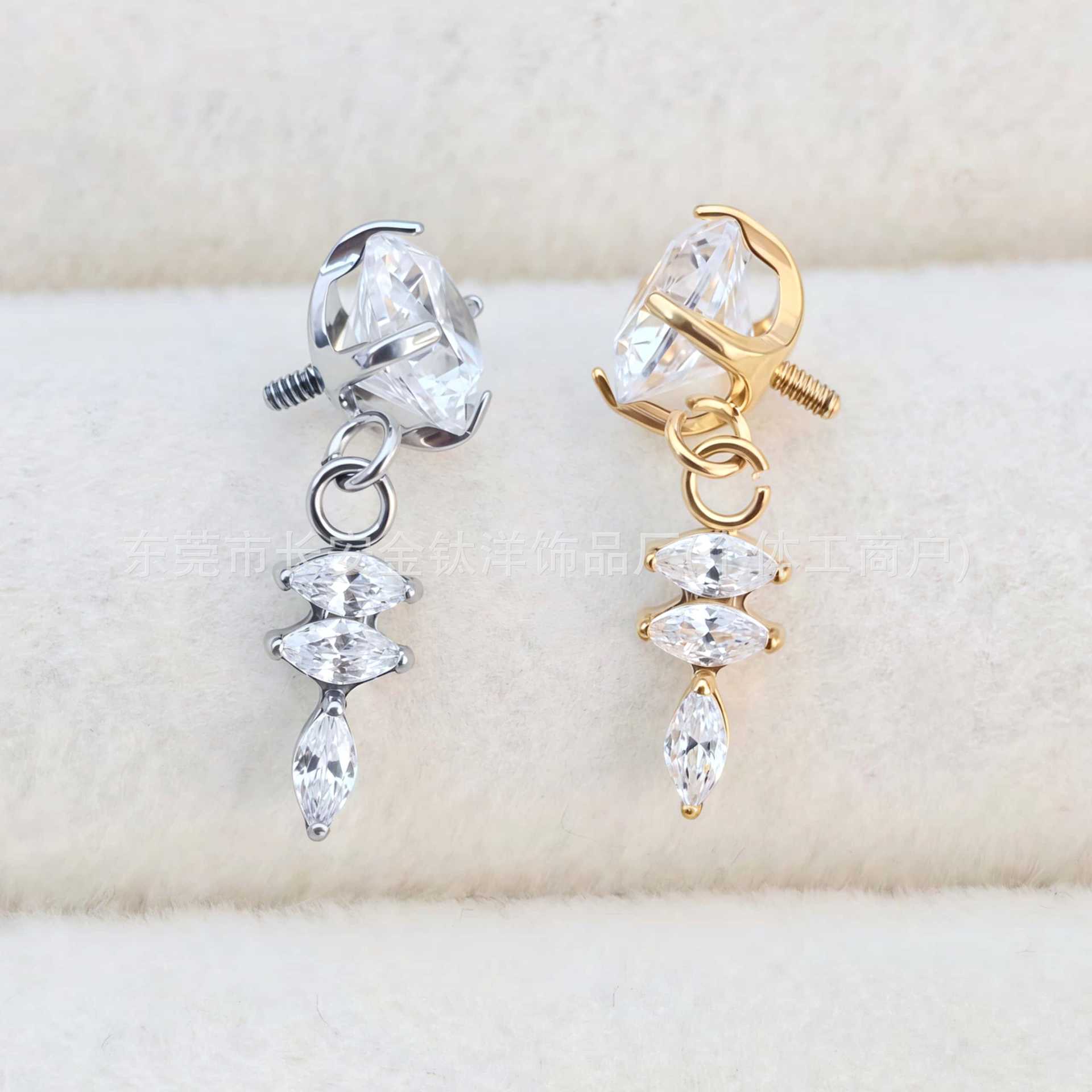F136 Titanium Gold-Plated Round Zircon Triple Marquise Pendant Lip Stud Ear Stud Ear Bone Stud G23 Titanium Alloy Piercing Jewelry detail image 7