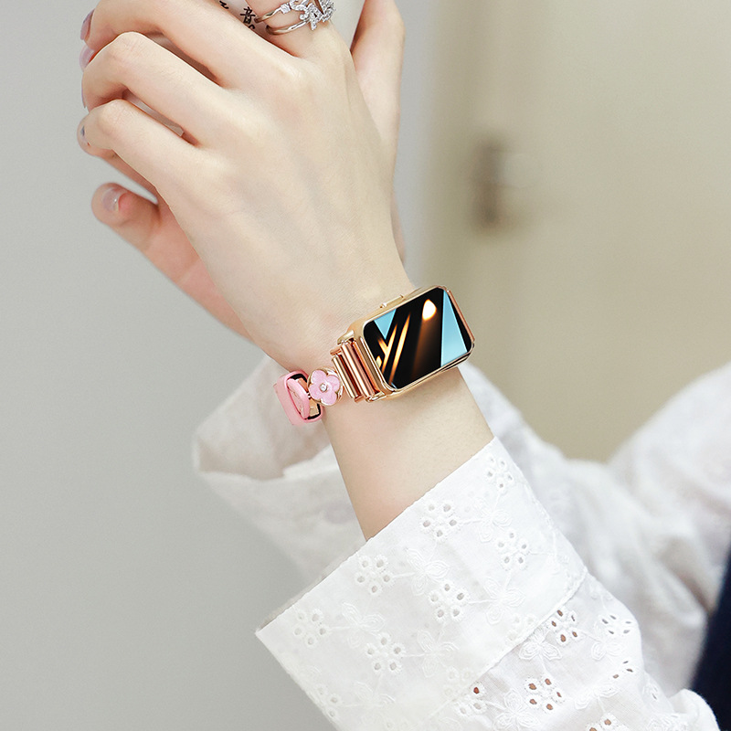 Women's Smart Sports Bracelet 9 Heart Rate Monitoring Sleep Health 2025 Four-Leaf Flower Rhinestone Leather Women's Watch 8