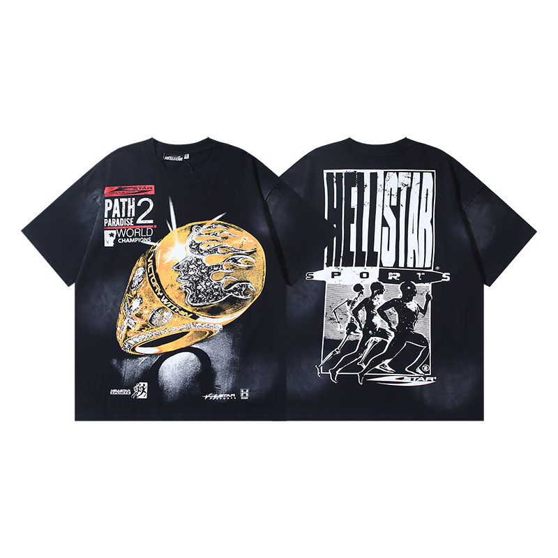 25ss 夏新作 Hellstar アメリカンファッション ハイストリート ウォッシュ加工 ダメージ加工 プリント ゆったり 半袖 Tシャツ 男女兼用|undefined