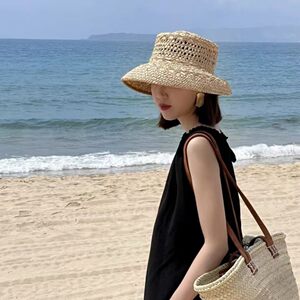 フランスレトロヘボン風 ラフィーバー手作り麦わら帽子 幅ひさし防晒サンハット 休暇出游