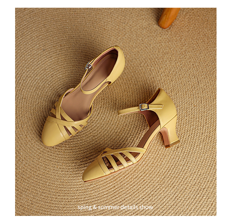 Sandal nữ quai hậu mũi nhọn retro da bò gót 5 cm kiểu La Mã — Màu trắng nhạt chi tiết 20
