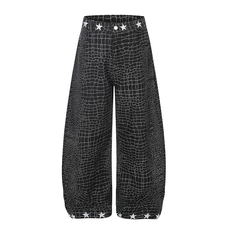 American Retro Style Crocodile Crackle Texture Jeans with Five-Pointed Star Embroidery, Loose Wide-Leg Pants, Unisex, Wholesale American Retro Style Crocodile Crackle Texture Jeans with Five-Pointed Star Embroidery, Loose Wide-Leg Pants, Unisex, Wholesale
