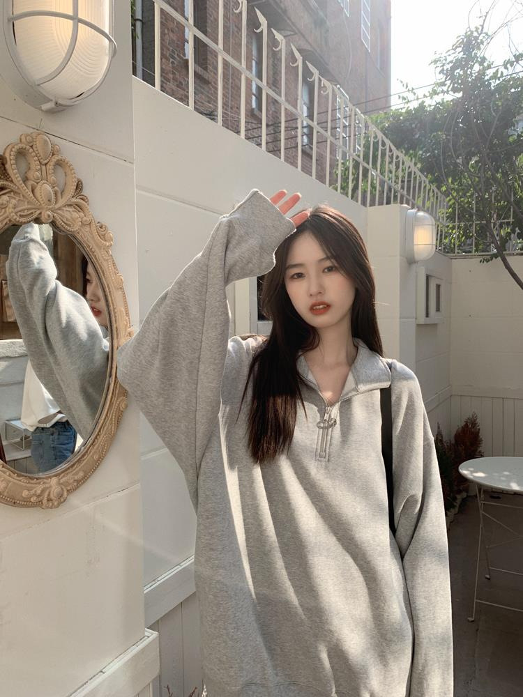Effortless Chic Polo Collar Sweatshirt - Oversized Women's Long Sleeve Pullover, Relaxed Fit, Soft Polyester Blend (One Size Fits Most)_ecoleips.com