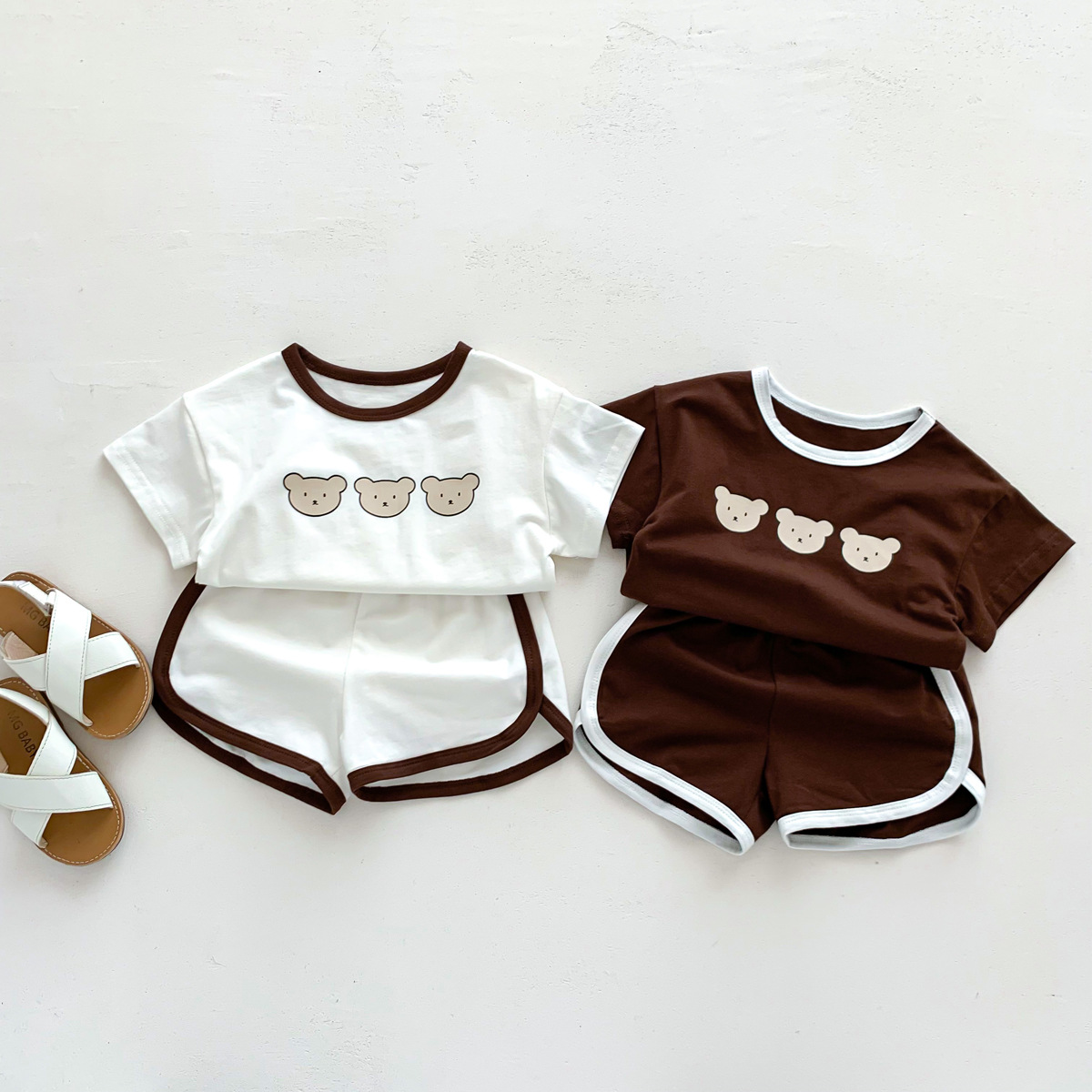 2025夏季韩版儿童短袖套装 ins婴儿男女宝宝三只小熊印花两件套装