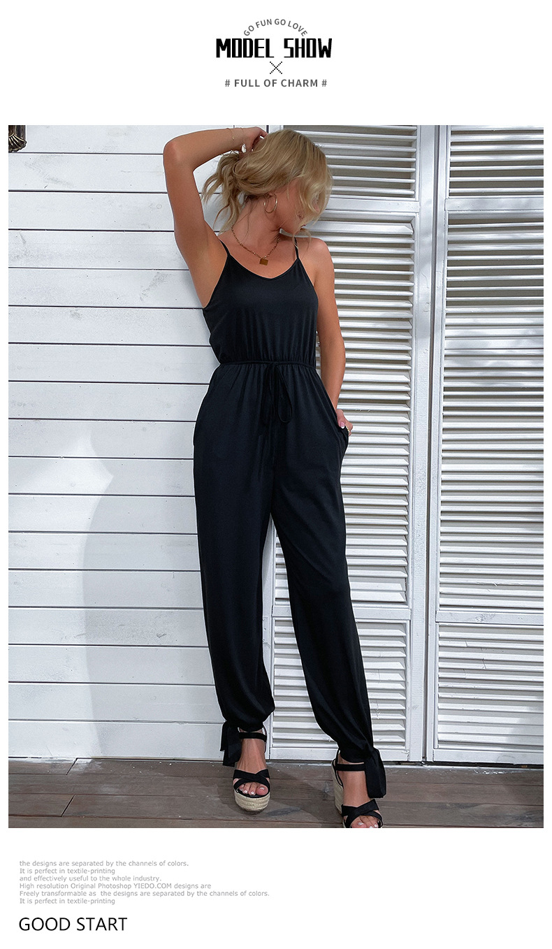 Sling low-cut backless Hollow wide-leg solid color Jumpsuits NSDMB127458