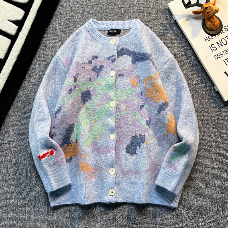 Autumn/Winter High-End Crayon Style Jacquard Crew Neck Long-Sleeve Knit Cardigan Coat Casual Fashion for Men and Women