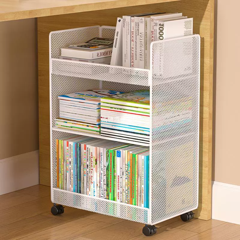 Small movable bookshelf, desktop-to-floor storage with wheels, multi-tier compact organizer