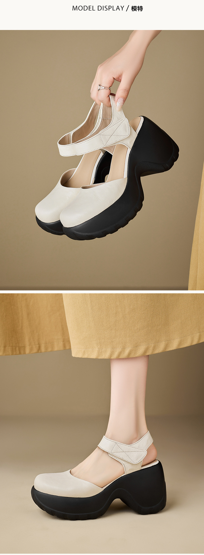 Sandal cao gót nữ hở mũi da thật quai dán, đế platform chống trượt, gót 9 cm — màu đen, màu trắng ngà chi tiết 4