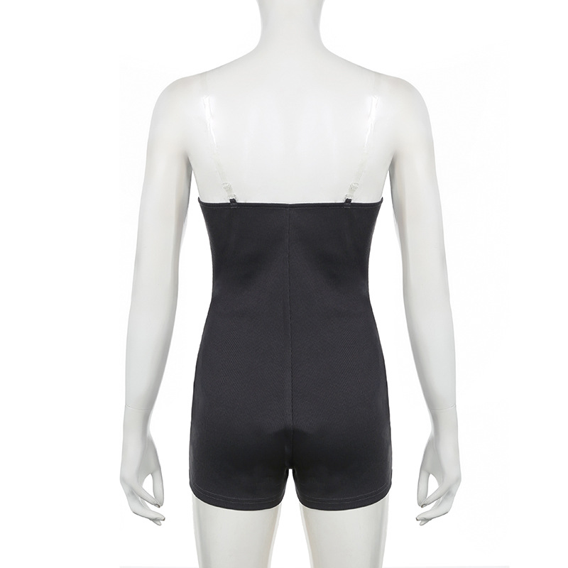 Women Tube Top See through Bra Straps Distressed Rib Sexy Jumpsuit Personality Suspender Shorts