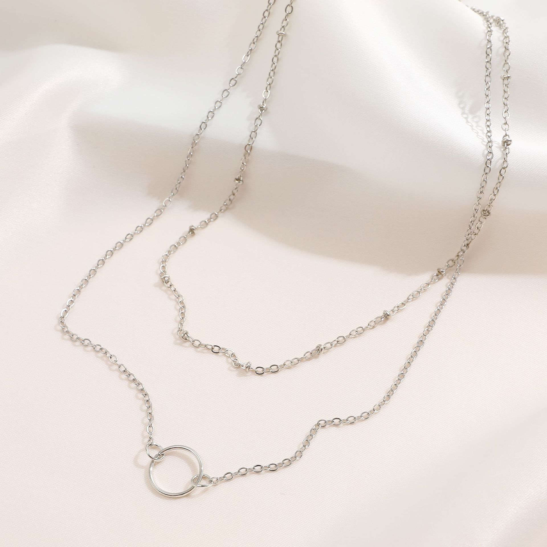 hot selling clavicle chain retro simple ring double-layer necklace copper bead chain circle pendant necklace_voghion.com