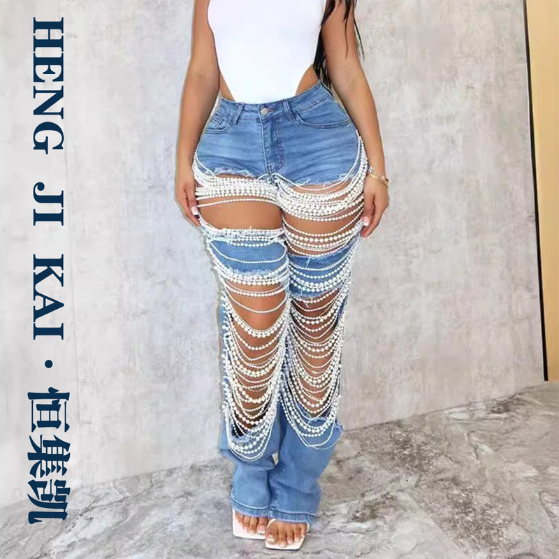 Hot Girl Summer Pants European and American Cross-border Hole Heavy Industry Beaded Beaded Elastic Jeans Pants Female JEANS