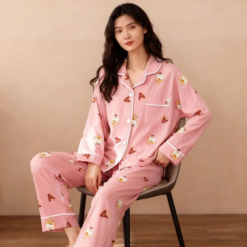 Gentle and Sweet Girly Style Pajamas for Women Autumn and Winter New Long-Sleeved Tops + Pants Two-Piece Home Wear Set