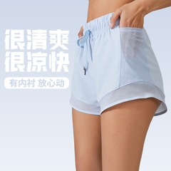 European and American high-waisted drawstring sports pocket shorts for women, anti-light mesh stitching fitness pants, running yoga shorts
