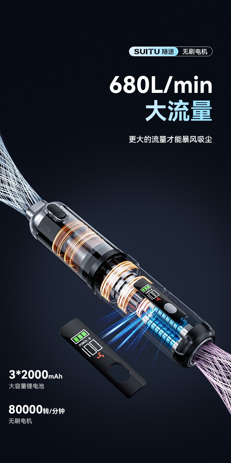 Wireless handheld brushless car vacuum cleaner, compact dual-function blower and vacuum with super strong suction for use inside the car