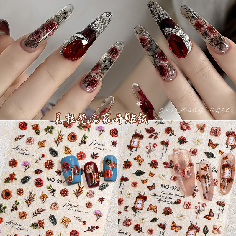 Maillard Floral Nail Stickers Autumn and Winter Retro Rose Flower Butterfly Flower Leaf DIY Wearable Nail Stickers Maillard Floral Nail Stickers Autumn and Winter Retro Rose Flower Butterfly Flower Leaf DIY Wearable Nail Stickers