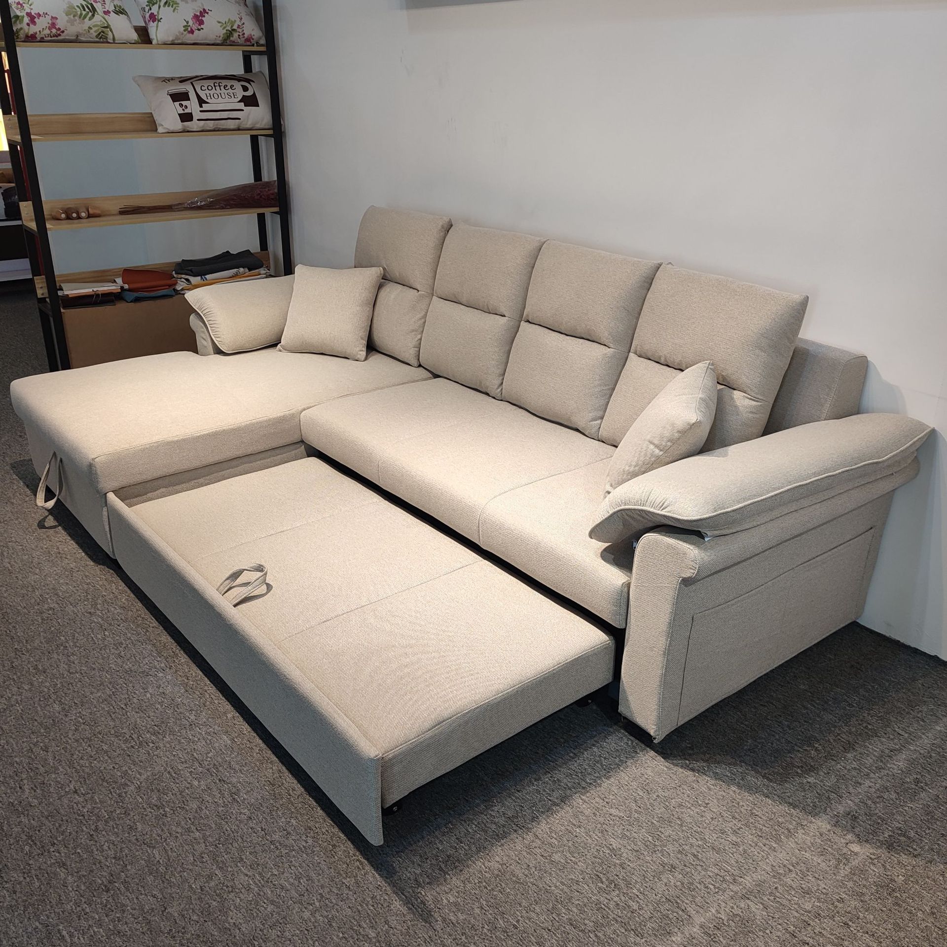 Sofá cama de tela tecnológica multifuncional de doble propósito tipo casa grande y pequeño con combinación de almacenamiento plegable de sofá cama con esquina