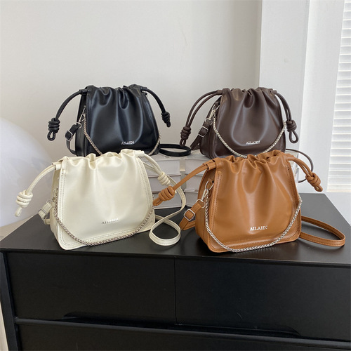 Retro Fashion Simple Solid Color Drawstring Small Bag Women  Early Autumn New Korean Style Western Crossbody Bag Bucket Bag