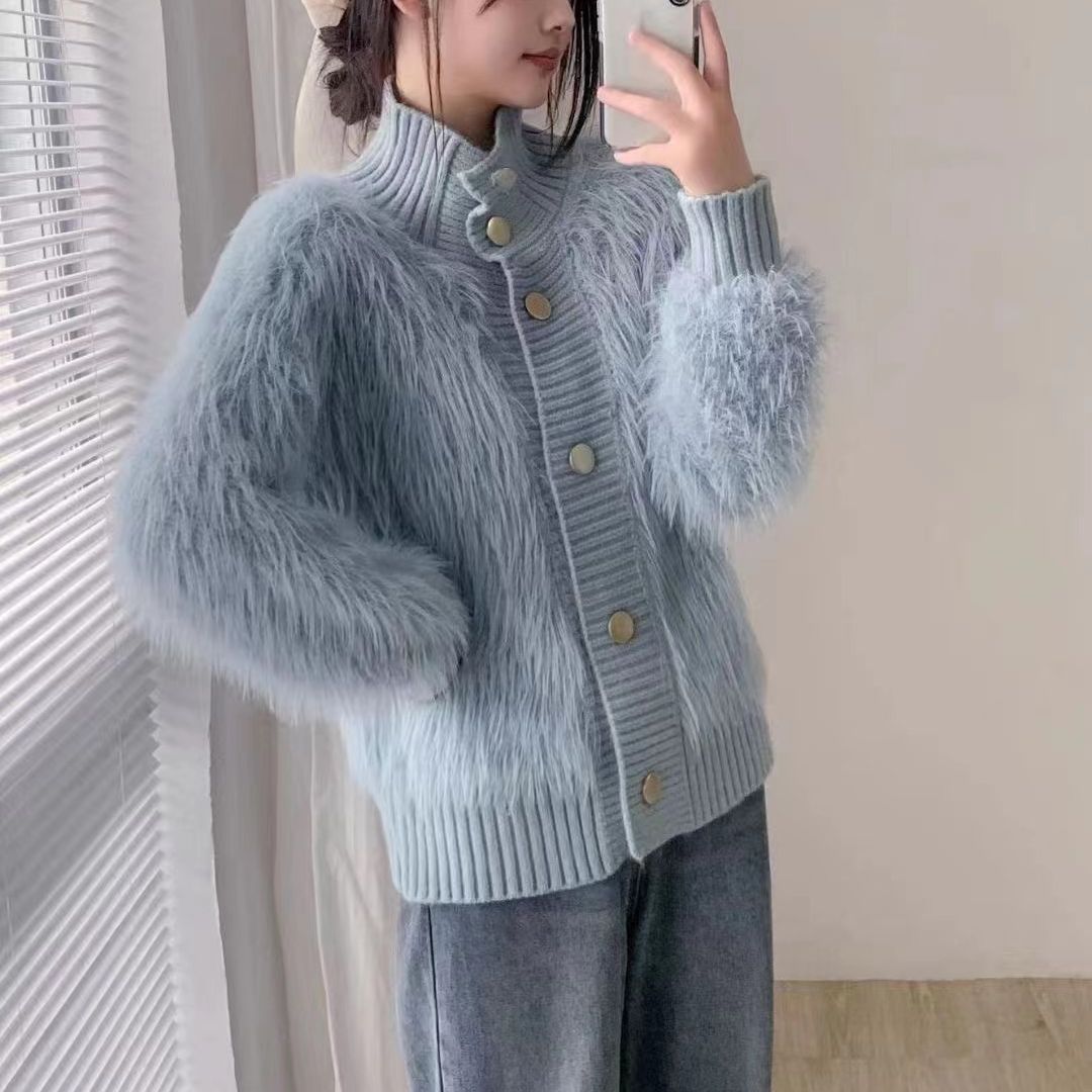 El otoño y el invierno nuevo estilo de imitación de visón de terciopelo collar de pie cardigan exterior de las mujeres de alto grado de temperamento flojo todo fósforo de punto abrigo de moda