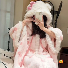 kitty斗篷睡衣女甜美可爱保暖加厚秋冬季KT猫连帽披肩睡袍女家居