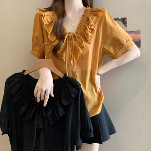 Plus Size Summer New Ruffled V-Neck Loose Chiffon Blouse for Women
