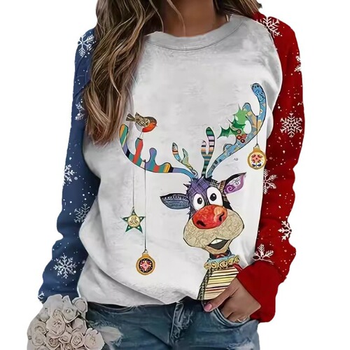 【Hot Sale】New Christmas Deer and Snowflake Women's Long-Sleeve Round Neck Sweatshirt 3D Print Spring and Autumn P
