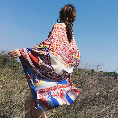 Xiaohongshu New Ethnic Style Scarf Summer Seaside Travel Sunshade Silk Scarf Sunscreen Cotton and Linen Printed Shawl Wholesale