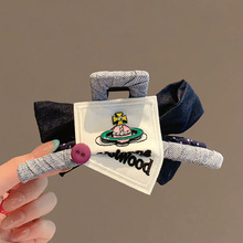 韩版质感AB面抓夹蓝牛仔蝴蝶结布标盘发夹头饰2025新款甜酷鲨鱼夹