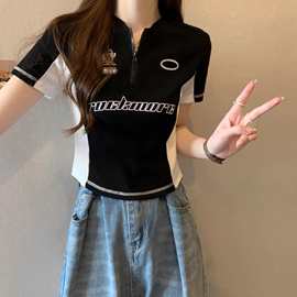 欧美跨境美式机能风拼接撞色短袖t恤女夏季修身显瘦圆领拉链上衣
