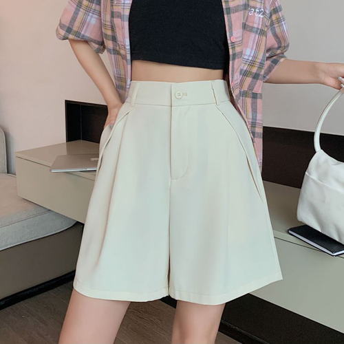 Women's High-Waisted Suit Shorts Summer Thin Version  New Straight Leg Loose Fitting Slimming Casual Ice Silk Wide Leg Five-Eight Shorts