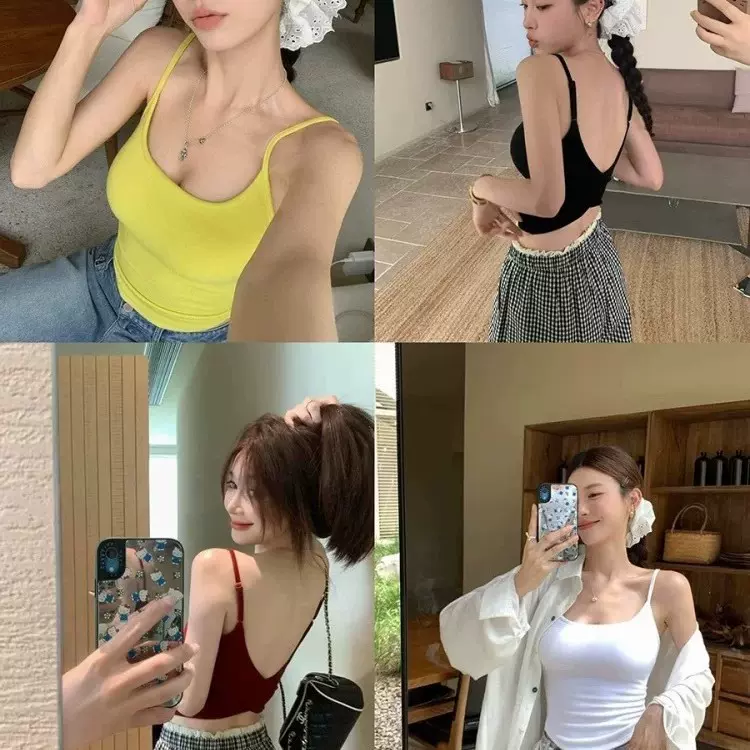 新款带胸垫交叉美背短款吊带背心一体式女修身显瘦纯欲抹胸上衣女