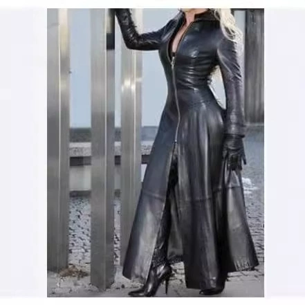 Q012 осень и зима Amazon AliExpress супер длинный PU сплошной Цвет приталенный воротник на молнии плюс размер кожаная женская мода