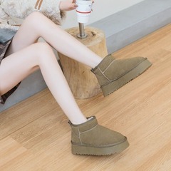 Leather snow boots with flat sole, height increase, thick sole, thick lining, sourdough bread shoes, Zhou Dongyu 2023 winter warm, cotton shoes