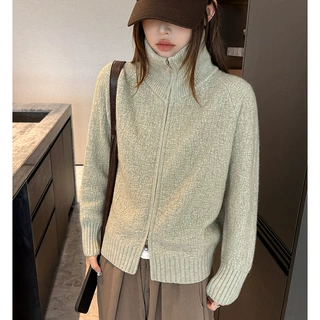 2026新款韩版女士毛衣外套宽松显瘦百搭纯色高领拉链针织开衫上衣