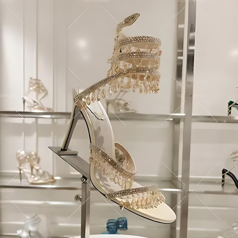 In-Stock Foreign Trade High-End High-Heeled Sandals, New Snake-Shaped Winding Rhinestone Tassel High-Heeled Sandals for Women, Crystal Embellished Shoes