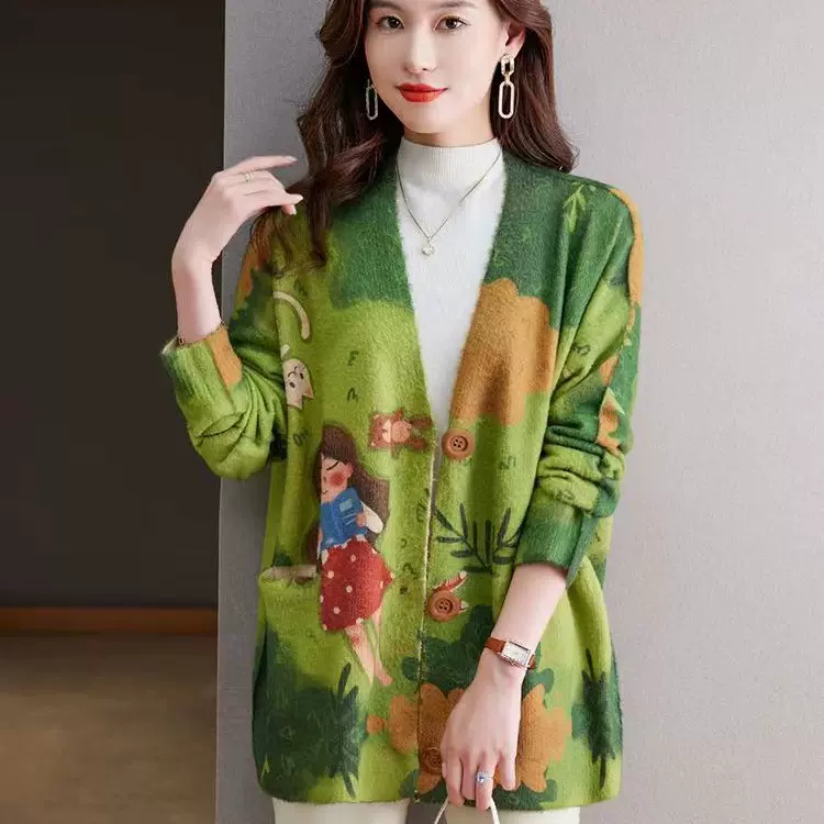 水貂绒毛衣2025秋冬新款韩版时尚黄色印花针织开衫v领上衣女外搭