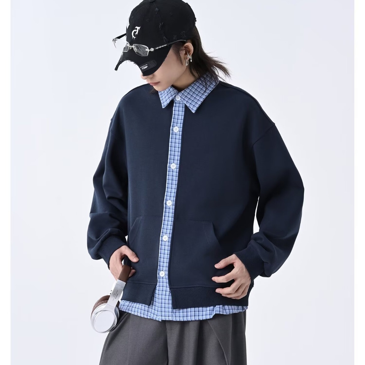 Cardigan con cappuccio retrò da uomo, modello a quadri patchwork, vestibilità pulita, stile casual, giacca di coppia_voghion.com