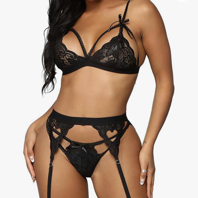 Europa y América sexy profunda V cadera-expuesto melocotón corazón medias de tres piezas conjunto de lencería sexy AliExpress Amazon lencería sexy