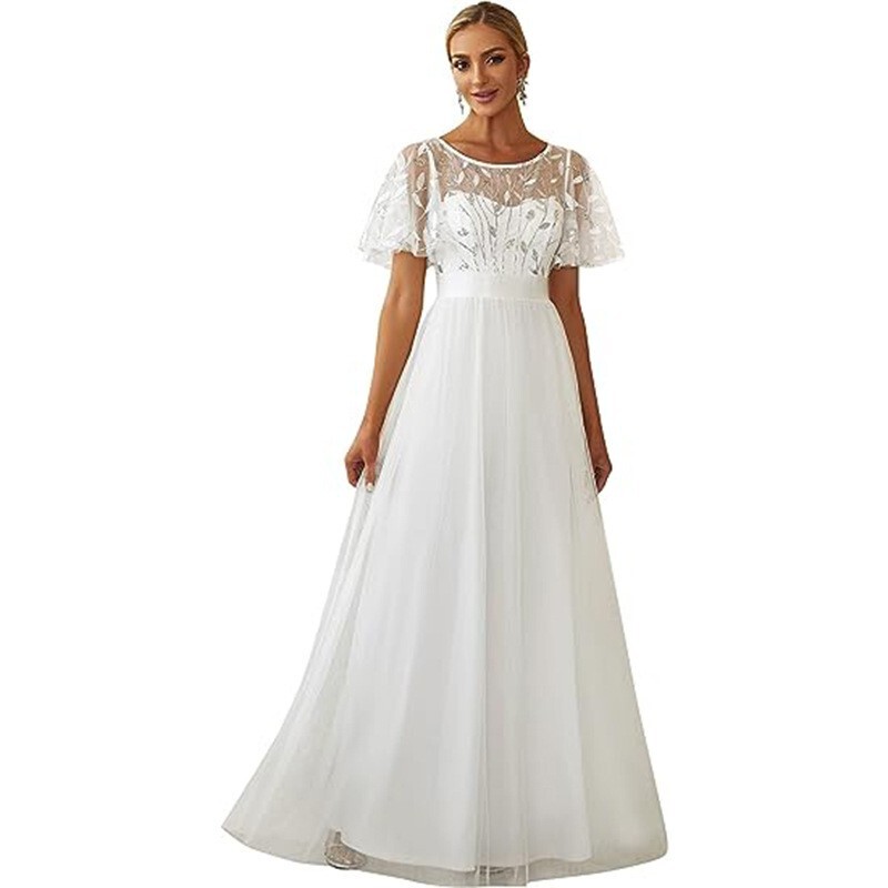 2026 Spring/Summer European and American Foreign Trade Women's Formal Dress with Round Neck, Sequins, Pleated Sleeves, High Waist, and Beaded Long Evening Gown