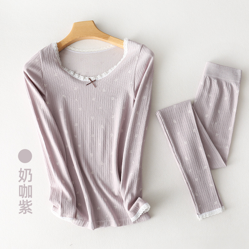Conjunto de Ropa Interior Térmica de Algodón Colorido con Diseño de Hoja de Arce para Mujer, Invierno 2025, Cuello Redondo, Sin Costuras, Top y Pantalones, Venta al Por Mayor