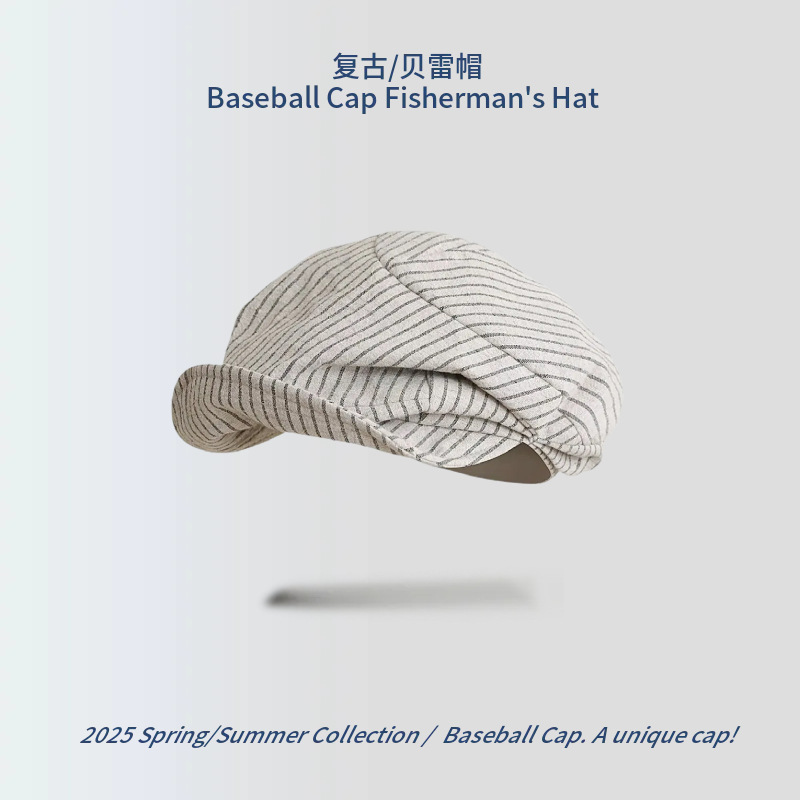 日本のレトロなストライプのキャスケットハット春と夏の綿とリネンの通気性のあるペインターハットニッチデザインのプリーツつぼみハット男性と女性用|undefined