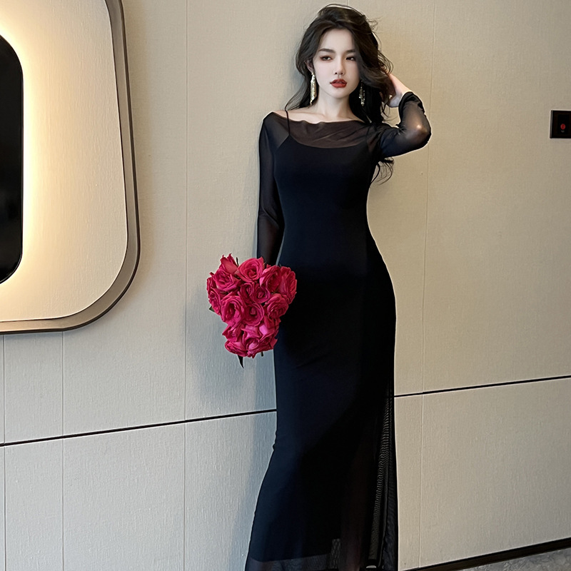 2026 Spring New Style Women's French Sexy See-Through Mesh One-Line Collar Slim Long Two-Piece Dress 9562 2026 Spring New Style Women's French Sexy See-Through Mesh One-Line Collar Slim Long Two-Piece Dress 9562