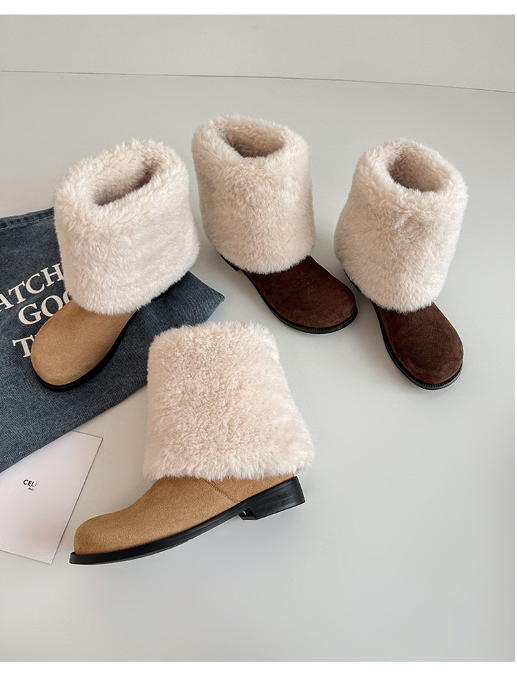 Boot nữ cổ cao lông mềm đế bằng, lót lông cừu dày dặn giữ ấm, kiểu lật cổ — màu nâu chi tiết 27