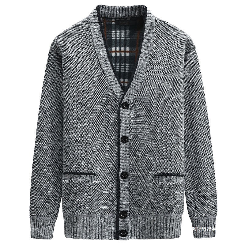 Middle-Aged and Elderly Men's Fleece-Lined Thick Sweater, Loose-Fitting Autumn and Winter Knitwear for Dad