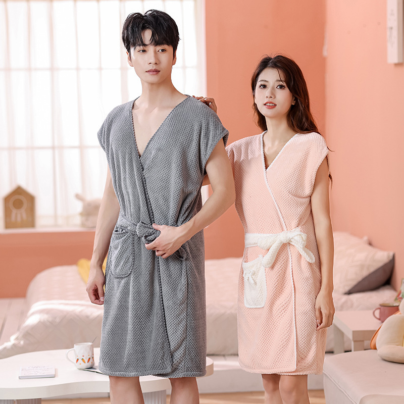 Simple Couple Coral Velvet Bathrobe Thickened Long Soft Absorbent Nightgown for Men and Women Couples Home Clothes Summer Hotel