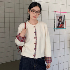 韩系假两件圆领拼接格子毛衣女2025秋冬新款宽松休闲针织开衫上衣