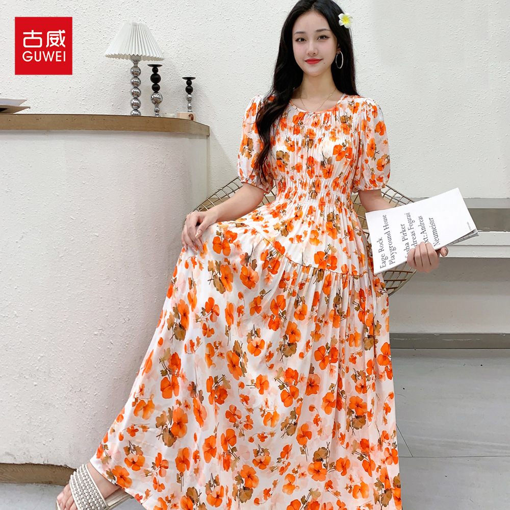 跨境棉绸连衣裙2024女夏季碎花法式波西米亚长裙度假沙滩裙子短袖